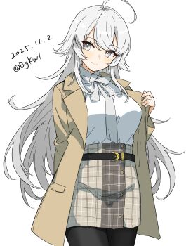 1girl absurdres ahoge belt bigkwl black_belt black_pantyhose blush breasts brown_coat brown_skirt closed_mouth coat commentary cowboy_shot dated dated_commentary double-parted_bangs grey_eyes grey_hair highres kantai_collection large_breasts long_hair long_sleeves looking_at_viewer one-hour_drawing_challenge open_clothes open_coat pantyhose shirt simple_background skirt smile solo twitter_username washington_(kancolle) white_background white_shirt