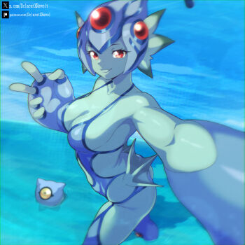 breasts dclaret digimon digimon_(creature) fins frog_girl head_fins helmet kuramon looking_at_viewer monster_girl one-piece_swimsuit ranamon red_eyes selfie swimsuit