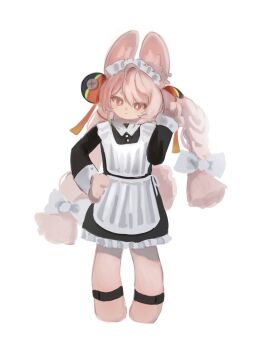1girl animal_ears apron black_dress bow braid commentary dress furry furry_female highres long_hair maid maid_headdress pink_hair rabbit_ears rabbit_girl simple_background solo white_background yasashihito zenless_zone_zero zhao_(zenless_zone_zero)