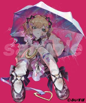 1girl ankle_bow ankle_ribbon bandaid bandaid_on_clothes black_bow black_gloves black_shoes blonde_hair blush bow bow_earrings collared_shirt colored_inner_hair commentary_request copyright_notice dirty dirty_clothes dirty_face earrings fingernails gloves green_eyes hair_bow hair_ornament hairclip heart heart_earrings heart_hair_ornament heart_o-ring highres holding holding_umbrella hood hoodie jewelry knees_up kurehalxxx kurumi_noah kurumi_noah_(3rd_costume) long_sleeves medium_hair multicolored_hair nail_polish o-ring parted_lips pink_background pink_bow pink_hair pink_nails purple_wings rain ribbon sample_watermark shirt shoes simple_background skirt socks solo striped_bow thighs two-tone_hair two_side_up umbrella virtual_youtuber vspo! watermark white_hoodie white_skirt white_socks wings yellow_bow