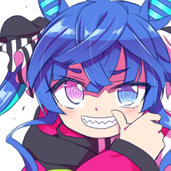1girl animal_ears blue_eyes blue_hair blush chida_daisuke commentary_request crossed_bangs grin heterochromia horse_ears horse_girl long_hair long_sleeves looking_at_viewer ribbon sharp_teeth simple_background smile solo striped_ribbon teeth thumbs_up twin_turbo_(blast_mode!_turbo_engine)_(umamusume) twin_turbo_(umamusume) twintails umamusume white_background