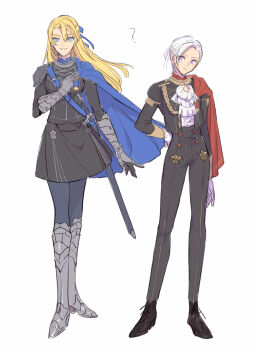 Rule 34 | 1boy, 1girl, alternate costume, alternate universe, armored boots, blonde hair, blue eyes, boots, capelet, commentary, confused, dimitri alexandre blaiddyd, edelgard von hresvelg, fire emblem, fire emblem: three houses, formal clothes, full body, garreg mach monastery uniform, genderswap, genderswap (ftm), genderswap (mtf), hair ribbon, head tilt, highres, long hair, long sleeves, mizuno (iori-amu), nintendo, pants, parted lips, purple eyes, red capelet, ribbon, shade, suit, white background, white hair