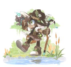 Rule 34 | 1girl, 1other, bag, belt, brown belt, brown footwear, brown fur, brown gloves, brown hat, brown overalls, fingerless gloves, finik, flask the goat (drstarline), flower, furry, furry female, gloves, green eyes, hat, hat belt, hat flower, highres, holding, holding staff, original, overall shorts, overalls, potion, reeds, shirt, shoes, short sleeves, shoulder bag, signature, sonic (series), staff, standing, two-tone footwear, water, white flower, white footwear, white shirt, witch hat