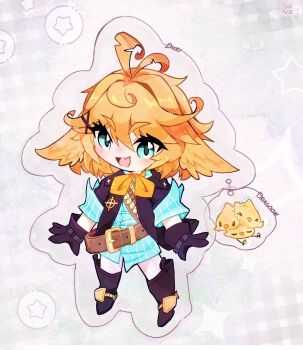 Rule 34 | 1girl, :d, ahoge, ammunition, artist logo, belt, black boots, black gloves, black jacket, blonde hair, blue eyes, blue shirt, boots, brown belt, character name, chibi, chibi only, commentary, dokibird, dokibird (bounty hunter), dragoon (dokibird), english commentary, fang, full body, gloves, handgun cartridge, highres, indie virtual youtuber, jacket, logo, looking at viewer, medium hair, neckerchief, open clothes, open jacket, open mouth, orange neckerchief, pants, shirt, skin fang, smile, solo, star (symbol), troubleshooter bun, white background, white pants