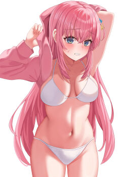 1girl absurdres bikini blue_eyes bocchi_the_rock! breasts breasts_apart gotoh_hitori highres jacket large_breasts long_hair navel nishida_yuuto one_side_up open_clothes open_jacket pink_hair pink_jacket simple_background solo swimsuit white_background white_bikini