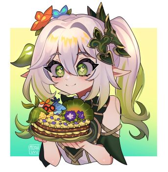 1girl aqua_background arabalika_(genshin_impact) araesha_(genshin_impact) ararycan_(genshin_impact) artist_name blue_flower blush border cake closed_mouth commentary cross-shaped_pupils detached_sleeves dress english_commentary eyelashes flower food genshin_impact gold_trim gradient_background gradient_hair green_eyes green_hair green_sleeves grey_hair hair_between_eyes hair_flower hair_ornament hands_up heart heart_hair_ornament highres holding holding_tray leaf_hair_ornament long_hair looking_at_food mizah_(mizah) multicolored_hair nahida_(genshin_impact) orange_flower outside_border pointy_ears purple_flower short_sleeves side_ponytail sleeveless sleeveless_dress smile solo symbol-shaped_pupils tray two-tone_background two-tone_hair upper_body wavy_hair white_border white_dress yellow_background yellow_pupils