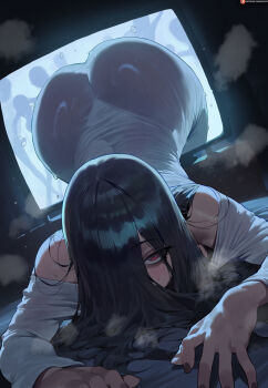 1girl ai-assisted ass black_hair black_nails dress fingernails hair_over_one_eye highres huge_ass long_hair looking_at_viewer patreon_logo patreon_username red_eyes screen shexyo solo the_ring through_medium through_screen white_dress yamamura_sadako