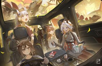 +_+ 6+girls ahoge animal_ears bag beanie black_gloves black_hair black_shirt blue_eyes blunt_bangs blush bow breasts brown_eyes brown_hair brown_hat brown_pantyhose can car car_interior casual closed_mouth commentary dinosaur dream_journey_(casual)_(umamusume) dream_journey_(umamusume) drink_can driving drowzzi ear_bow ear_covers ears_through_headwear english_commentary eyewear_strap fenomeno_(umamusume) food glasses gloves gold_ship_(umamusume) grey_hair grey_hat grey_shirt grey_skirt hair_between_eyes hair_ornament hat heart highres holding holding_can horse_ears horse_girl horse_tail leggings_under_skirt long_hair long_sleeves lucky_lilac_(umamusume) motor_vehicle multicolored_hair multiple_girls nakayama_festa_(umamusume) off-shoulder_sweater off_shoulder open_mouth orange_hair orfevre_(casual)_(umamusume) orfevre_(umamusume) own_hands_clasped own_hands_together pants pantyhose pillbox_hat pocky purple_bow purple_eyes red_shirt shirt short_hair short_sleeves side_ponytail sitting skirt smile soda_can sparkle stay_gold_(casual)_(umamusume) stay_gold_(umamusume) steering_wheel streaked_hair sweater tail two-tone_hair umamusume vest white_hair white_sweater window