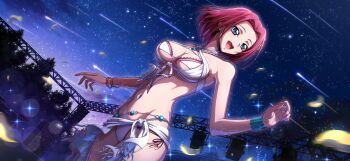 1girl bikini blue_eyes blush bracelet breasts cleavage code_geass code_geass:_lost_stories earrings f4samurai frilled_bikini frills happy highres jewelry kouzuki_kallen large_breasts official_art open_mouth red_hair short_hair smile solo swimsuit teeth underboob white_bikini