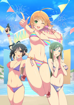 3girls :d aerial_fireworks ahoge aria_(senran_kagura) armpit_crease armpits banner beach bikini blue-sky blue_bikini blue_eyes blush breasts clapping cleavage cliff cloud collarbone day finger_in_ear fingernails fireworks flag flare_gun floral_print floral_print_bikini flower fuga_(senran_kagura) green_bikini green_hair groin gun hair_between_eyes highres holding holding_gun holding_microphone holding_weapon horizon jumping kosuzu_(senran_kagura) large_breasts linea_alba long_hair looking_at_viewer micro_bikini microphone mole mole_under_eye multicolored_bikini multicolored_stripes multiple_girls non-web_source ocean one_eye_closed open_mouth orange_hair outdoors pink_bikini pointing pointing_at_viewer print_bikini purple_eyes rainbow_bikini red_bikini red_flower ribbon sandals senran_kagura senran_kagura_new_wave short_hair smile sparkle standing string_bikini string_of_flags striped_bikini striped_clothes sweat swimsuit teeth thigh_gap tongue two-tone_bikini underboob upper_teeth_only v-shaped_eyebrows very_long_hair water weapon yaegashi_nan yellow_bikini