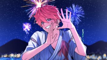 Rule 34 | 1boy, aerial fireworks, akehoshi subaru, arms up, blue eyes, blurry, blurry background, clothing cutout, commentary, ensemble stars!, fireworks, grin, hair between eyes, highres, japanese clothes, kkongtrs, male focus, orange hair, short hair, sky, smile, solo, star (sky), starry sky, upper body