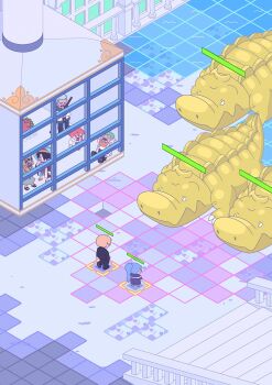 2girls 5boys bananawani_(one_piece) black_hair blonde_hair blue_hair chibi crocodile crocodilian gameplay_mechanics health_bar highres isometric long_nose lv5plant monkey_d._luffy multiple_boys multiple_girls nami_(one_piece) nami_(one_piece)_(alabasta) nefertari_vivi nose_picking one_piece orange_hair ponytail roronoa_zoro sanji_(one_piece) sleeping smoker_(one_piece) usopp weapon weapon_on_back white_hair