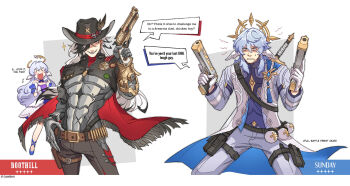 1girl 2boys armor bare_shoulders belt black_eyes black_hair black_hat black_jacket black_pants blue_footwear blue_hair blue_pants blush boothill_(honkai:_star_rail) border brother_and_sister brown_belt bullet_earrings cape character_name choker clenched_hands closed_eyes commentary cowboy_hat cyborg detached_sleeves dress earrings english_commentary english_text feathered_wings flying_sweatdrops gloves grey_armor grey_background gun hair_over_one_eye halo halo_behind_head hand_on_own_hip hand_up handgun hands_up hat hat_feather hat_ornament head_wings highres holding holding_gun holding_weapon honkai:_star_rail honkai_(series) jacket jewelry long_hair long_sleeves mechanical_arms mechanical_hands multicolored_hair multiple_boys open_clothes open_mouth open_vest outside_border pants purple_choker purple_dress purple_jacket purple_shirt red_cape robin_(honkai:_star_rail) sharp_teeth shell_casing sheriff_badge shirt shoes short_sleeves siblings sidelocks simple_background sleeveless sleeveless_dress smile sparkle speech_bubble standing star_(symbol) sunday_(honkai:_star_rail) sunday_(sacerdos&#039;_relived_ordeal)_(honkai:_star_rail) sunnbnn sweatdrop sword tassel teeth twitter_username two-tone_dress two-tone_hair v-shaped_eyebrows vest weapon weapon_on_back white_border white_dress white_gloves white_hair white_vest wings yellow_eyes zipper