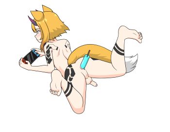 1futa absurdres after_anal aftersex anal anal_object_insertion animal_ears bad_tag deuman food fox_ears fox_girl fox_tail futanari helmet heterochromia highres horns legs_apart loli lying nintendo_switch nude object_insertion on_stomach phantasy_star phantasy_star_online_2 popsicle popsicle_in_ass sarayah small_penis solo switch tail testicles white_background yiku1707