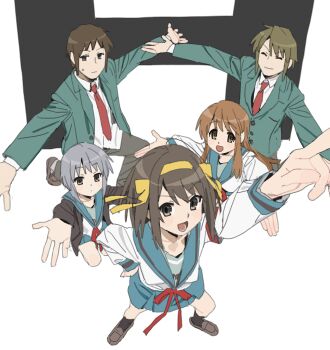 Rule 34 | 2boys, 3girls, :d, absurdres, asahina mikuru, black socks, blazer, blue sailor collar, blue skirt, breasts, brown cardigan, brown eyes, brown hair, brown pants, brown shoes, cardigan, closed mouth, collared shirt, from above, green jacket, h (letter), hairband, hare hare yukai, highres, imamura ryou, jacket, kita high school uniform, kneehighs, kneeling, koizumi itsuki, kyon, loafers, long hair, long sleeves, looking at viewer, lower teeth only, multiple boys, multiple girls, nagato yuki, necktie, open-cardigan, open mouth, pants, pleated skirt, purple hair, red necktie, red ribbon, ribbon, sailor collar, school uniform, serafuku, shirt, shoes, short hair, skirt, smile, socks, sos brigade, suzumiya haruhi, suzumiya haruhi no yuuutsu, teeth, tongue, white shirt, winter uniform, yellow hairband