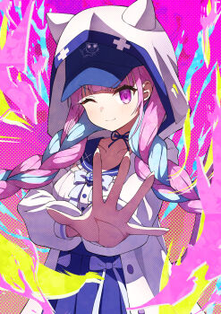 Rule 34 | 1girl, absurdres, anchor symbol, aqua hair, blue bow, blue bowtie, blue hat, blue ribbon, blue sailor collar, blue skirt, blush, bow, bowtie, braid, breasts, closed mouth, collarbone, commentary, frilled sailor collar, frills, hat, highres, hololive, hood, hoodie, long hair, long sleeves, looking at viewer, minato aqua, minato aqua (sailor), mionohoshi, multicolored hair, neck ribbon, neko (minato aqua), one eye closed, pink background, pink eyes, pink hair, polka dot, ribbon, sailor collar, shirt, skirt, smile, solo, streaked hair, twin braids, twintails, two-tone hair, virtual youtuber, white bow, white hoodie, white shirt