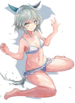 1girl animal_ears bare_shoulders bikini blue_eyes blush breasts cleavage closed_mouth collarbone commentary_request ear_covers flower grey_hair hair_between_eyes hair_flower hair_ornament hairclip horse_ears horse_girl horse_tail looking_at_viewer navel seiun_sky_(umamusume) short_hair single_ear_cover sitting small_breasts smile solo stomach sunflower sunflower_hair_ornament swimsuit tail umamusume wariza white_bikini yanagi_wakana