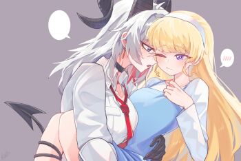2girls black_choker black_gloves blank_speech_bubble blonde_hair blue_dress breasts choker closed_mouth collared_shirt commentary demon_tail dress earrings gloves grey_background grey_eyes hairband hand_on_another&#039;s_waist horns jewelry large_breasts long_hair long_sleeves mole mole_under_eye multiple_girls necktie one_eye_closed open_mouth phoebe_(wuthering_waves) pinafore_dress purple_eyes red_necktie red_pupils shirt simple_background sleeveless sleeveless_dress smile speech_bubble spoken_blush starblame symbol-only_commentary tail tail_around_another&#039;s_leg tail_wrap white_hair white_hairband white_shirt wuthering_waves yuri zani_(wuthering_waves)