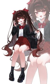 1girl absurdres alternate_costume bag black_jacket black_shoes black_socks bow bowtie brown_hair collared_shirt commentary_request full_body highres holding holding_phone honkai:_star_rail honkai_(series) invisible_chair jacket long_hair looking_at_viewer mark_under_both_eyes nhom_(woogi) open_clothes open_jacket open_mouth phone pink_eyes red_bow red_bowtie red_skirt school_bag school_uniform shirt shoes sitting skirt smile socks solo sparkle_(honkai:_star_rail) white_shirt