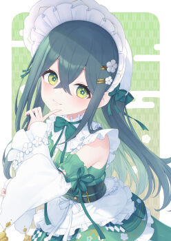 1girl apron ariel23795 bare_shoulders black_corset blush bonnet border closed_mouth collar colored_inner_hair corset cowboy_shot crossed_bangs detached_sleeves finger_to_own_chin fish floral_print floral_print_kimono flower-shaped_pupils flower_hairpin frilled_bonnet frilled_collar frilled_skirt frills from_side green_background green_eyes green_hair green_kimono green_ribbon hair_ornament hair_ribbon hairclip hashtag-only_commentary highres japanese_clothes kimono kimono_skirt long_hair long_sleeves looking_at_viewer maid_apron multicolored_hair neck_ribbon nijisanji obiage obijime outside_border print_kimono ribbon skirt smile solo standing symbol-shaped_pupils togawa_nonoha virtual_youtuber waist_apron white_bonnet white_border white_ribbon white_sleeves