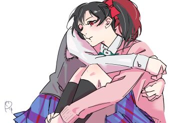 Rule 34 | 2girls, black hair, black socks, blue skirt, bow, commentary request, grey sweater vest, hair bow, highres, hug, kneehighs, love live!, love live! school idol project, multiple girls, nishikino maki, otonokizaka school uniform, pink sweater, plaid clothes, plaid skirt, pleated skirt, red bow, red eyes, school uniform, shirt, simple background, skirt, socks, surfacedxxc, sweater, sweater vest, twintails, white background, white shirt, yazawa nico