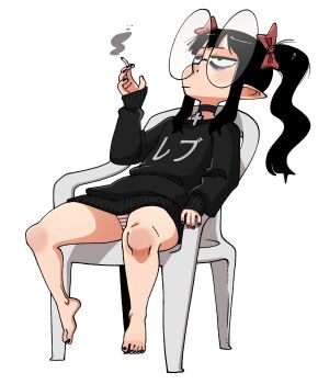 1girl black_eyes black_hair chair cigarette feet full_body glasses highres indie_virtual_youtuber nails nuclear_wasabi oversized_object panties rev_says_desu sitting smoking sweater underwear virtual_youtuber white_background