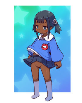 1girl bindi black_hair blue_eyes cleft_of_venus dark-skinned_female dark_skin female_focus kindergarten_uniform loli lowres no_panties omunikin original pussy short_twintails skirt smile socks solo twintails uncensored