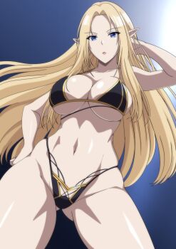 1girl alpha_(kage_no_jitsuryokusha_ni_naritakute!) arm_behind_head bikini black_bikini blonde_hair blue_eyes breasts cleavage elf feet_out_of_frame from_below gluteal_fold groin hand_on_own_hip highres kage_no_jitsuryokusha_ni_naritakute! large_breasts long_hair looking_at_viewer makiri_akira navel open_mouth pointy_ears simple_background solo stomach sun sunlight swimsuit underboob very_long_hair