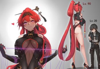 1boy 1girl ass assertive_female backless_dress backless_outfit bare_legs black_dress black_gloves black_jacket black_pants black_shoes breasts chinese_commentary circle_facial_mark clothing_cutout dress earrings elbow_gloves faceless faceless_male flower_hairpin full_body gloves gradient_background grey_background grey_shirt hair_intakes hair_ornament hair_stick heart height_difference hetero high_heels high_ponytail highres holding holding_string jacket jewelry katsuyamamage kneepits large_breasts level_difference long_hair looking_at_another male_rover_(wuthering_waves) mark_under_both_eyes notice_lines paid_reward_available panties pants panty_peek panty_straps parted_lips pelvic_curtain pointy_ears ponytail purple_eyes red_hair red_panties rover_(wuthering_waves) shirt shoes short_hair side_slit simple_background single_earring sleeveless sleeveless_dress smile solo_focus split_ponytail standing string sweatdrop underboob_cutout underwear very_long_hair wenzheng147 wuthering_waves yinlin_(wuthering_waves)