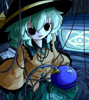 1girl black_eyes black_hat book bow buttons cable computer diamond_button eyeball floral_print frilled_shirt_collar frilled_sleeves frills green_hair green_skirt hat hat_bow hat_ribbon heart heripantomorrow komeiji_koishi monitor ribbon rose_print shirt skirt sleeves_past_wrists smile third_eye touhou yellow_ribbon yellow_shirt