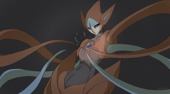 black_sclera blue_skin colored_sclera colored_skin commentary cowboy_shot dark_skin deoxys deoxys_(normal) fu04pk gen_3_pokemon grey_background highres mythical_pokemon nintendo pokemon pokemon_(creature) solo tentacles yellow_eyes
