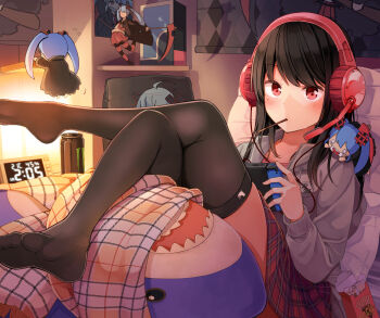 1girl absurdres black_hair black_thighhighs blue_hair blush can clock closed_mouth commentary_request crossed_legs digital_clock drawstring energy_drink feet food food_in_mouth grey_jacket headphones headset highres holding ikea_shark indoors jacket looking_at_viewer mole mole_under_eye monster_energy mouth_hold niichi_(komorebi-palette) nintendo_switch no_shoes open_clothes open_jacket ousaka_nanami photoshop_(medium) pink_shirt plaid_clothes plaid_skirt pocky real_mo_tama_ni_wa_uso_wo_tsuku red_eyes red_skirt segment_display seven-segment_display shirt skirt soles solo stuffed_animal stuffed_shark stuffed_toy thighhighs toes twintails