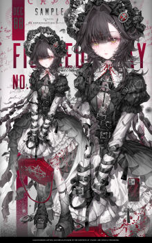 Rule 34 | 1girl, arm belt, bag, belt, black belt, black dress, black hairband, black shoes, boots, brown hair, buckle, coffin-shaped bag, collared shirt, commission, cross, dress, feathers, full body, grey leg warmers, hair intakes, hairband, heart, heart-shaped buckle, highres, holding, holding bag, lace, lace pantyhose, layered sleeves, leg warmers, lolita fashion, lolita hairband, long hair, looking at viewer, mark under both eyes, nnk (nongnong), original, pantyhose, parted lips, pentagram, phone, puffy sleeves, red bag, ringlets, shirt, shoes, skirt, sleeve belt, sleeves past fingers, sleeves past wrists, standing, white pantyhose, white skirt, white sleeves, wolf cut, yellow eyes, zoom layer