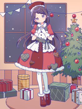 Rule 34 | 1girl, absurdres, akemi homura, black bow, black hair, blush, boots, bow, box, braid, bright pupils, christmas, christmas tree, closed mouth, commentary request, dress, full body, fur-trimmed boots, fur-trimmed dress, fur-trimmed sleeves, fur trim, gift, gift box, gloves, hands on own chest, hat, heart, highres, indoors, long hair, mahou shoujo madoka magica, mahou shoujo madoka magica (anime), pantyhose, parted bangs, purple eyes, red boots, red dress, red hat, ruru (rurumagi), short sleeves, sidelocks, solo, standing, twitter username, vest, white gloves, white pantyhose, white pupils, white vest