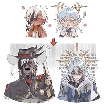 +++ 2boys aged_down arrow_(symbol) artist_name bandana black_eyes black_hair black_hat black_jacket blue_hair blue_jacket blue_pupils book boothill_(honkai:_star_rail) brown_gloves brown_jacket bullet_earrings buttons child clenched_hands closed_eyes collared_shirt commentary cowboy_hat cyborg dark-skinned_male dark_skin dual_persona earrings english_commentary english_text feathered_wings flower flying_sweatdrops gloves grey_armor gun hair_over_one_eye halo halo_behind_head hand_up handgun hands_up hat hat_feather hat_ornament head_wings highres holding holding_book holding_gun holding_pen holding_weapon honkai:_star_rail honkai_(series) jacket jewelry long_hair long_sleeves looking_at_object looking_at_viewer looking_down low_ponytail male_focus medium_hair multicolored_hair multicolored_jacket multiple_boys notice_lines open_book open_clothes open_jacket open_mouth pen pink_flower ponytail prosthesis prosthetic_hand purple_shirt red_bandana shaded_face sharp_teeth sheriff_badge shirt short_hair short_ponytail sidelocks simple_background smile star_ornament sunday_(concert_for_two)_(honkai:_star_rail) sunday_(honkai:_star_rail) teeth tongue tuofu two-tone_hair two-tone_jacket upper_body v-shaped_eyebrows vest weapon white_background white_hair white_jacket white_vest wings yellow_eyes zipper