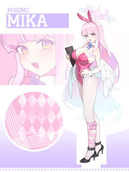 1girl absurdres angel_wings animal_ear_hairband animal_ears aqua_hair black_nails blue_archive blush breasts character_name cleavage collarbone covered_navel fake_animal_ears feathered_wings full_body gradient_hair hairband halo hand_on_own_hip high_heels highres ilyowal large_breasts leotard long_hair looking_at_viewer low_wings mika_(blue_archive) multicolored_hair multiple_girls open_mouth pink_hair pink_halo pink_leotard pink_ribbon rabbit_girl ribbon smile strapless strapless_leotard very_long_hair white_wings wing_ornament wings wrist_cuffs yellow_eyes