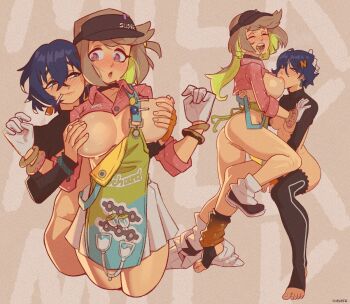 2girls alternate_breast_size apron asymmetrical_legwear belle_(zenless_zone_zero) black_choker black_thighhighs blue_eyes blue_hair blush bottomless breast_sucking breasts brown_hair candy choker closed_eyes coco_(zenless_zone_zero) colored_inner_hair commentary crossed_bangs donut_bracelet drink_pouch english_commentary food food_in_mouth gloves green_apron green_eyes green_hair groping klimspree large_breasts lollipop long_hair loose_socks multicolored_eyes multicolored_hair multiple_girls nipples open_mouth pink_pupils pink_shirt pleated_skirt purple_eyes shirt short_hair short_side_ponytail skirt small_breasts socks stirrup_legwear teeth thighhighs toeless_legwear toenails toes two-tone_apron two-tone_eyes upper_teeth_only visor_cap white_gloves white_skirt wolf_cut yuri zenless_zone_zero