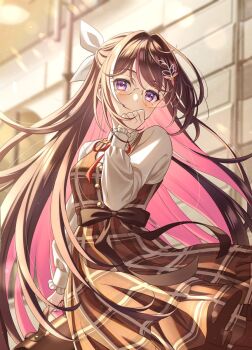 1girl alternate_costume azki_(hololive) bag black_hair blurry blurry_background brown_dress brown_sash closed_mouth collared_shirt colored_inner_hair commentary_request double-parted_bangs dress hair_intakes hair_ornament hairclip half_updo hand_up highres holding holding_bag hololive long_hair long_sleeves looking_at_viewer mole mole_under_eye multicolored_hair neck_ribbon pinafore_dress pink_hair pink_streaks plaid_clothes plaid_dress puffy_long_sleeves puffy_sleeves purple_eyes red_ribbon redpepperoni00 ribbon round_eyewear sash_bow shirt sleeveless sleeveless_dress smile solo streaked_hair very_long_hair virtual_youtuber white_shirt white_streaks