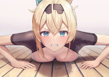 1girl absurdres ars_rg0412 blonde_hair blue_eyes breast_press breasts chest_sarashi cleavage clenched_teeth exercising hair_between_eyes hair_ribbon hairband highres hololive kazama_iroha medium_breasts push-ups ribbon sarashi shrug_(clothing) solo steaming_body sweat teeth virtual_youtuber