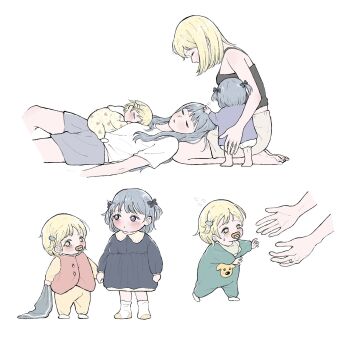 2girls bang_dream! bang_dream!_it&#039;s_mygo!!!!! barefoot black_camisole blonde_hair blush camisole child chinese_commentary commentary_request grey_shorts highres i_love_lesbian long_hair misumi_uika mother_and_daughter multiple_girls pacifier purple_eyes science_babies shirt short_hair shorts simple_background togawa_sakiko white_background white_shirt wife_and_wife yellow_eyes yuri