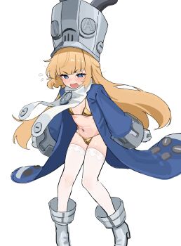 1girl absurdres bikini blonde_hair blue_eyes blue_jacket blush boots breasts coat fang flying_sweatdrops full_body gloves gold_bikini grey_hat grey_shoes hat highres jacket loli long_hair looking_at_viewer micro_bikini navel norma_hollowell open_clothes open_jacket open_mouth scarf shoes simple_background small_breasts solo swimsuit thighhighs very_long_hair white_background white_gloves white_thighhighs zabutonnmame zenless_zone_zero