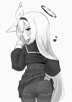 1girl absurdres ass black_hairband black_shirt blue_archive blush bow clothes_lift commentary finger_to_mouth from_behind gevuxx greyscale hair_bow hair_over_shoulder hair_ribbon hairband halo hand_up heart highres index_finger_raised lifting_own_clothes loli long_hair long_sleeves looking_at_viewer looking_back monochrome open_mouth panties panties_under_pantyhose pantyhose plana_(blue_archive) pleated_skirt ribbon sailor_collar sailor_shirt school_uniform serafuku shirt shushing simple_background skirt skirt_lift solo standing thighband_pantyhose thighs underwear very_long_hair white_background