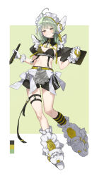 Rule 34 | 1girl, absurdres, apron, artist self-insert, black bra, black shorts, black shrug, border, bow, bra, breasts, buckle, closed mouth, color guide, drawing tablet, floral print, full body, gloves, green background, green eyes, green hair, grey apron, headset, highres, holding, holding drawing tablet, holding stylus, indie virtual youtuber, kneehighs, looking at viewer, maid headdress, misekiss, navel, short sleeves, shorts, shrug (clothing), single kneehigh, single sock, small breasts, smile, snap-fit buckle, socks, solo, stomach, striped clothes, striped socks, stylus, thigh strap, underwear, virtual youtuber, waist apron, white border, white bow, white footwear, white gloves, zipper, zipper pull tab
