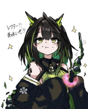 1girl ahoge arknights bare_shoulders black_hair black_jacket chewing closed_mouth colored_inner_hair commentary donut eating food food_on_face green_eyes green_hair green_shirt highres holding holding_donut holding_food huge_ahoge jacket material_growth medium_hair mon3tr_(arknights) multicolored_hair nero_san1177 off_shoulder oripathy_lesion_(arknights) shirt simple_background sleeveless sleeveless_shirt sleeves_past_fingers sleeves_past_wrists solo sparkle star_of_life translation_request upper_body white_background