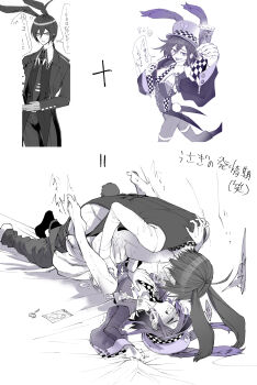 2boys ahoge alternate_costume anal animal_ears barefoot bed_sheet blush bottomless butler buttons checkered_clothes checkered_necktie clenched_teeth closed_eyes commentary cum cum_overflow danganronpa_(series) danganronpa_v3:_killing_harmony ear_piercing ejaculating_while_penetrated ejaculation fang flashing flipped_hair foreshortening from_side gloves hair_between_eyes hat heart_pasties highres holding holding_ticket long_sleeves looking_at_viewer male_focus matudairaks medium_hair monochrome motion_lines multiple_boys necktie o-ring oma_kokichi pasties piercing puffy_nipples purple_eyes purple_hair purple_theme rabbit_boy rabbit_ears rabbit_tail revealing_clothes running saihara_shuichi sex sheet_grab simple_background skin_fang smile solo sound_effects speech_bubble strap tail teeth thigh_strap thought_bubble ticket toe_scrunch tongue tongue_out top_hat translation_request white_background yaoi