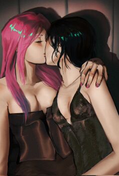 Rule 34 | 2girls, alien stage, black dress, black hair, breasts, cleavage, closed eyes, commentary, dress, english commentary, hand on another's shoulder, highres, kiss, long hair, meloncrumbs, mizi (alien stage), multiple girls, pink hair, pink nails, short hair, sleeveless, sleeveless dress, strapless, strapless dress, sua (alien stage), valentine, yuri