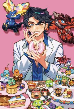 1boy artist_name professor_sycamore black_hair bulbasaur buttons cake calem_(pokemon) character_cookie charmander cherry chespin commentary_request cookie copyright_name cupcake dedenne diantha_(pokemon) donut fennekin floette floette_(eternal) food froakie fruit gen_1_pokemon gen_6_pokemon highres holding holding_food korean_commentary layer_cake legendary_pokemon litleo lysandre_(pokemon) male_focus mega_stone muffin nintendo one_eye_closed pink_background plate pokemon pokemon_xy seonforest serena_(pokemon) short_hair simple_background smile solo squirtle teeth xerneas yveltal zygarde zygarde_core