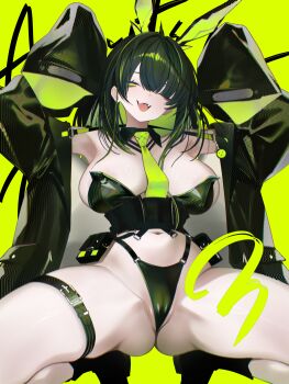 1girl absurdres alternate_costume animal_ears arknights arms_up between_breasts black_hair black_jacket breasts cameltoe commentary_request fake_animal_ears green_eyes green_hair highres jacket mon3tr_(arknights) multicolored_hair navel necktie necktie_between_breasts one_eye_closed open_clothes open_jacket open_mouth panties rabbit_ears shoes sleeves_past_fingers sleeves_past_wrists solo spread_legs squatting thigh_strap underwear vxdrq