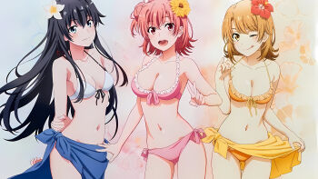 3girls arm_grab arms_behind_back bikini black_hair blue_background blue_eyes blush breasts brown_eyes brown_hair floral_background flower hair_bun hair_flower hair_ornament highres isshiki_iroha long_hair looking_at_viewer medium_breasts multicolored_background multiple_girls navel one_eye_closed open_mouth orange_background pink_background ponytail short_hair side_bun side_ponytail single_hair_bun smile standing swimsuit teeth tongue tongue_out wink yahari_ore_no_seishun_lovecome_wa_machigatteiru. yellow_eyes yuigahama_yui yukinoshita_yukino