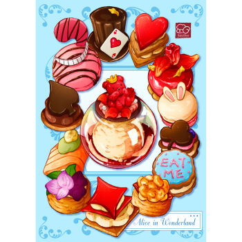 alice's_adventures_in_wonderland animal_ears artist_name card commentary english_text food food_focus hat heart highres no_humans original rabbit_ears star_(symbol) top_hat yuki00yo